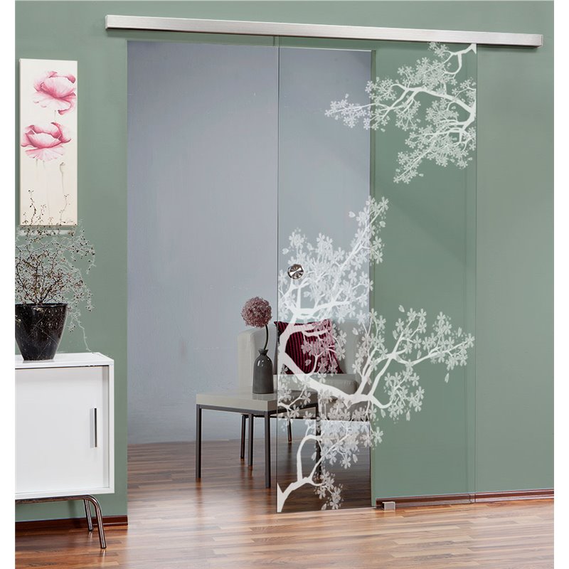 Glasschiebetür SLIM-LINE Japan Garden Gelasert Auf Klarglas