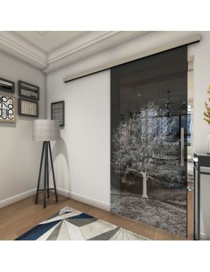 Glasschiebetür SLIM-LINE Baum Gelasert Auf Grauglas