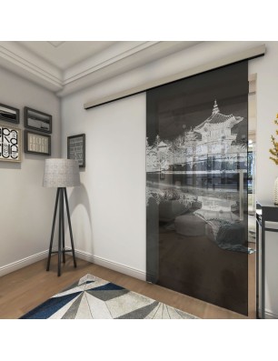 Glasschiebetür SLIM-LINE Pagode Gelasert Auf Grauglas