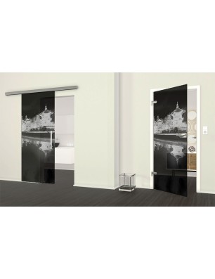 Glasschiebetür SLIM-LINE Pagode Gelasert Auf Grauglas