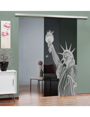 Glasschiebetür SLIM-LINE Freiheitsstatue Gelasert Auf Grauglas