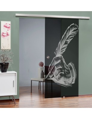 Glasschiebetür SLIM-LINE Sign Gelasert Auf Grauglas