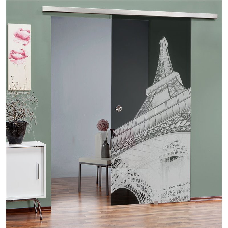 Glasschiebetür SLIM-LINE Eifelturm Gelasert Auf Grauglas Glasschiebetür SLIM-LINE Eifelturm Gelasert Auf Grauglas