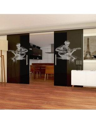 Glasschiebetür SLIM-LINE Gitarist Gelasert Auf Grauglas