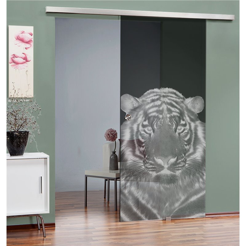Glasschiebetür SLIM-LINE Tigerkopf Gelasert Auf Grauglas Glasschiebetür SLIM-LINE Tigerkopf Gelasert Auf Grauglas