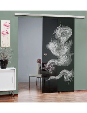 Glasschiebetür SLIM-LINE Dragon Gelasert Auf Grauglas
