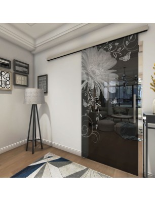 Glasschiebetür SLIM-LINE Blume 3 Gelasert Auf Grauglas