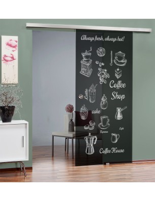 Glasschiebetür SLIM-LINE Coffee Shop Gelasert Auf Grauglas