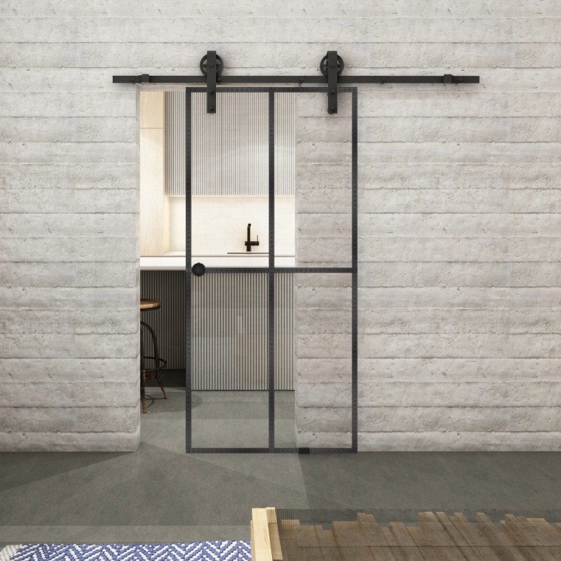 Glasschiebetür BARN-LINE Loft Schwarzeisen Genietet 08 Auf Klarglas