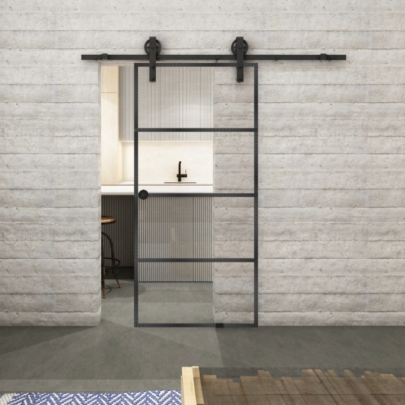 Glasschiebetür BARN-LINE Loft Schwarzeisen Genietet 02 Auf Klarglas