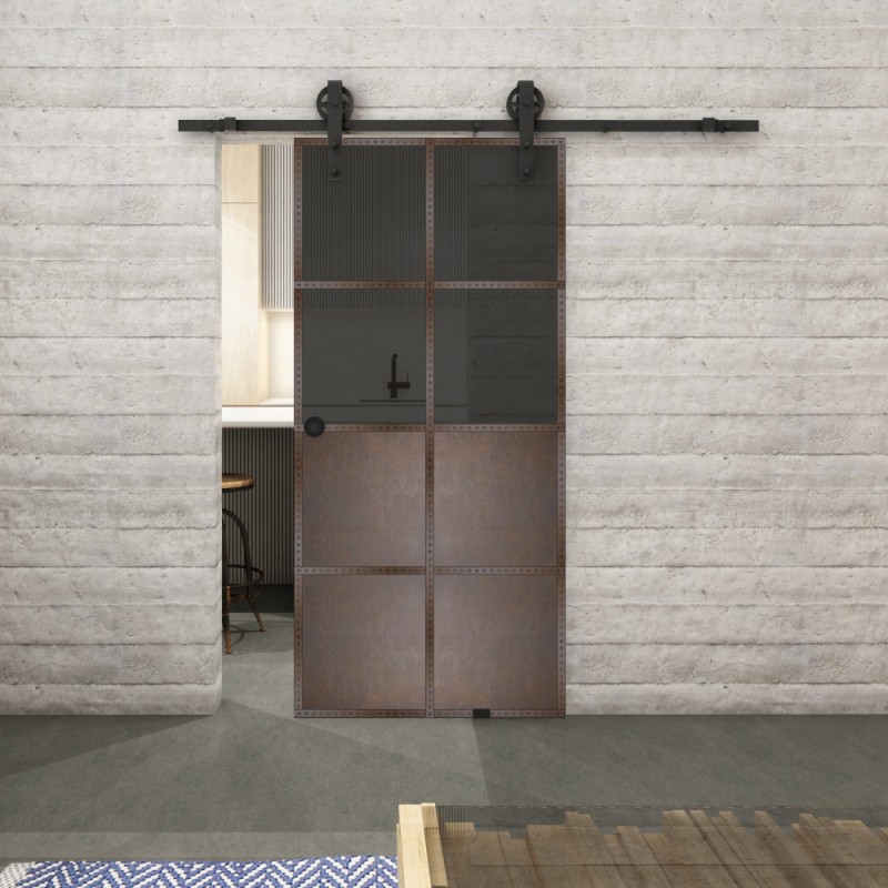 Glasschiebetür BARN-LINE Loft Rosteisen Genietet 18 Auf Grauglas