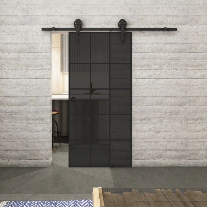 Glasschiebetür BARN-LINE Loft Schwarzlack 09 Auf Grauglas