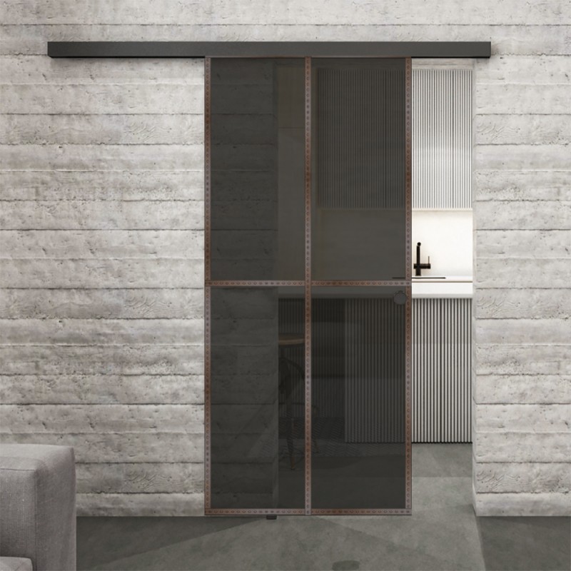 Glasschiebetür BLACK-LINE Loft Rosteisen Genietet 08 Auf Grauglas