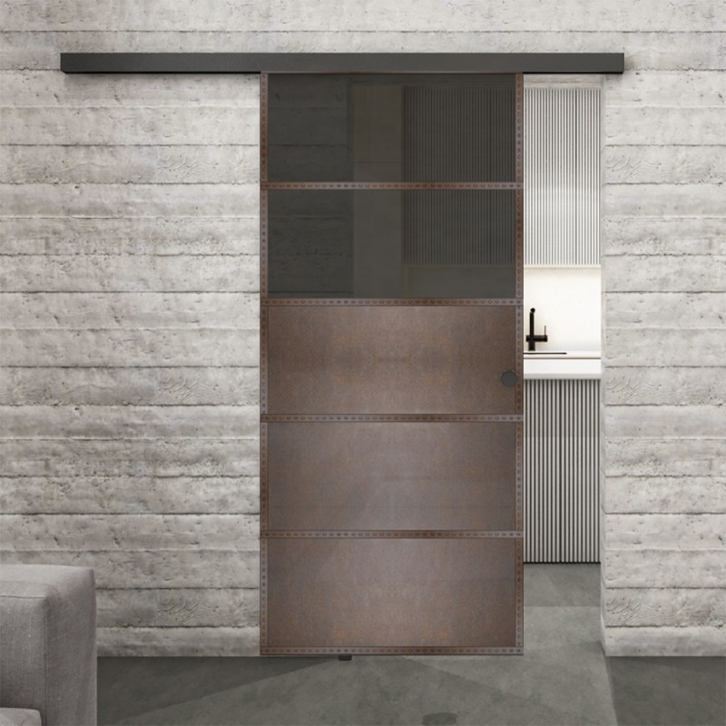 Glasschiebetür BLACK-LINE Loft Rosteisen Genietet 13 Auf Grauglas