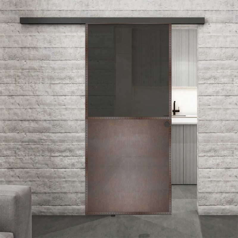 Glasschiebetür BLACK-LINE Loft Rosteisen Genietet 16 Auf Grauglas
