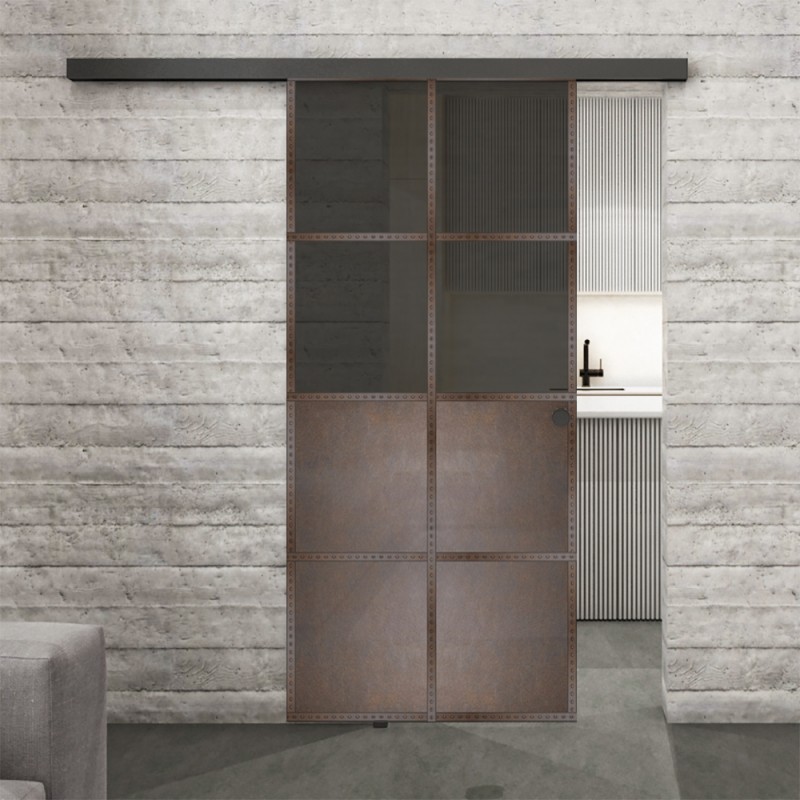 Glasschiebetür BLACK-LINE Loft Rosteisen Genietet 18 Auf Grauglas