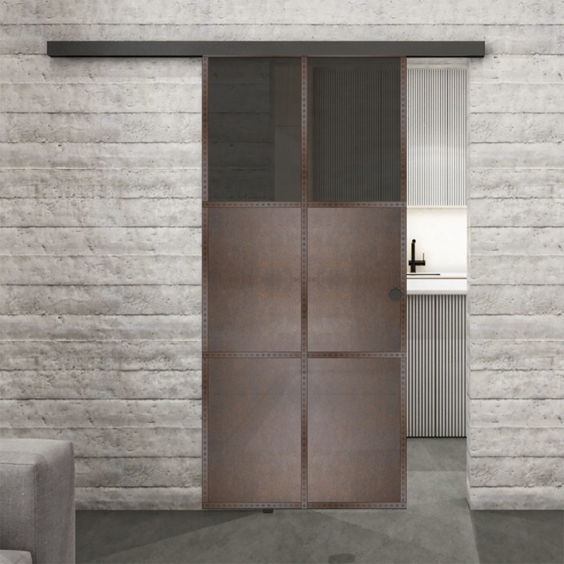 Glasschiebetür BLACK-LINE Loft Rosteisen Genietet 19 Auf Grauglas