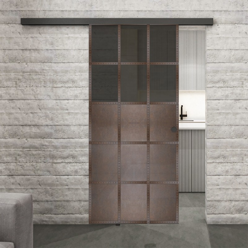Glasschiebetür BLACK-LINE Loft Rosteisen Genietet 21 Auf Grauglas