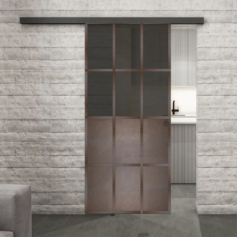 Glasschiebetür BLACK-LINE Loft Rosteisen Genietet 22 Auf Grauglas