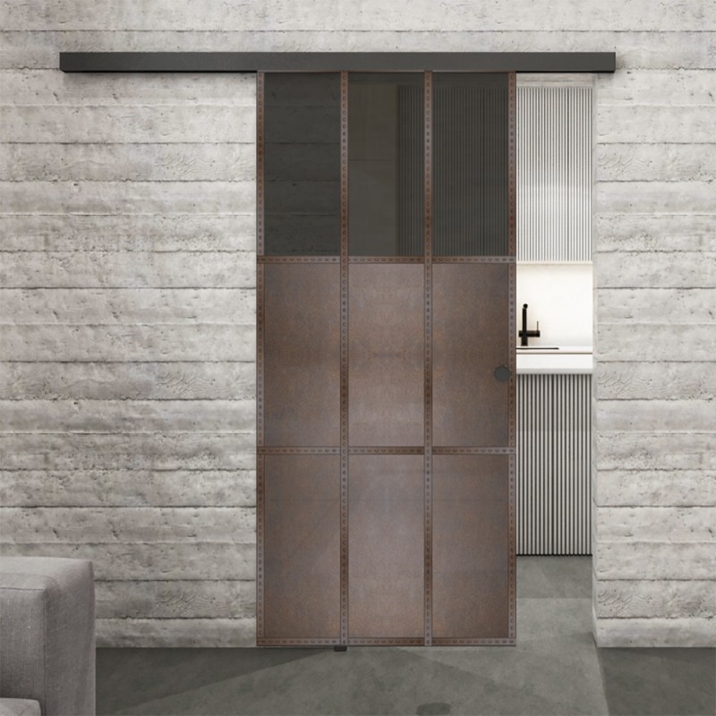 Glasschiebetür BLACK-LINE Loft Rosteisen Genietet 23 Auf Grauglas