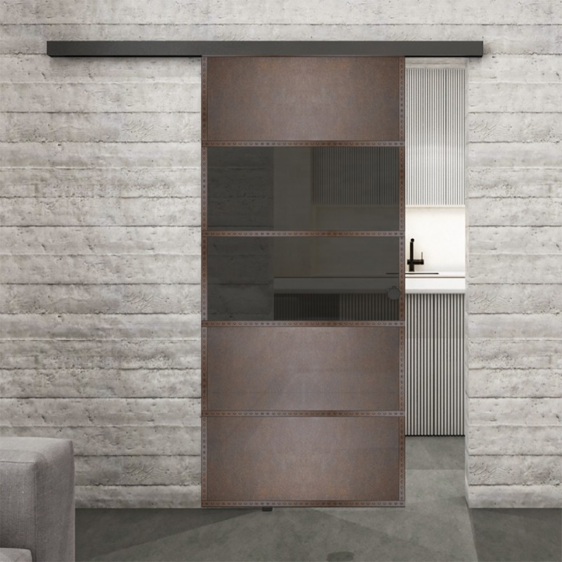 Glasschiebetür BLACK-LINE Loft Rosteisen Genietet 25 Auf Grauglas