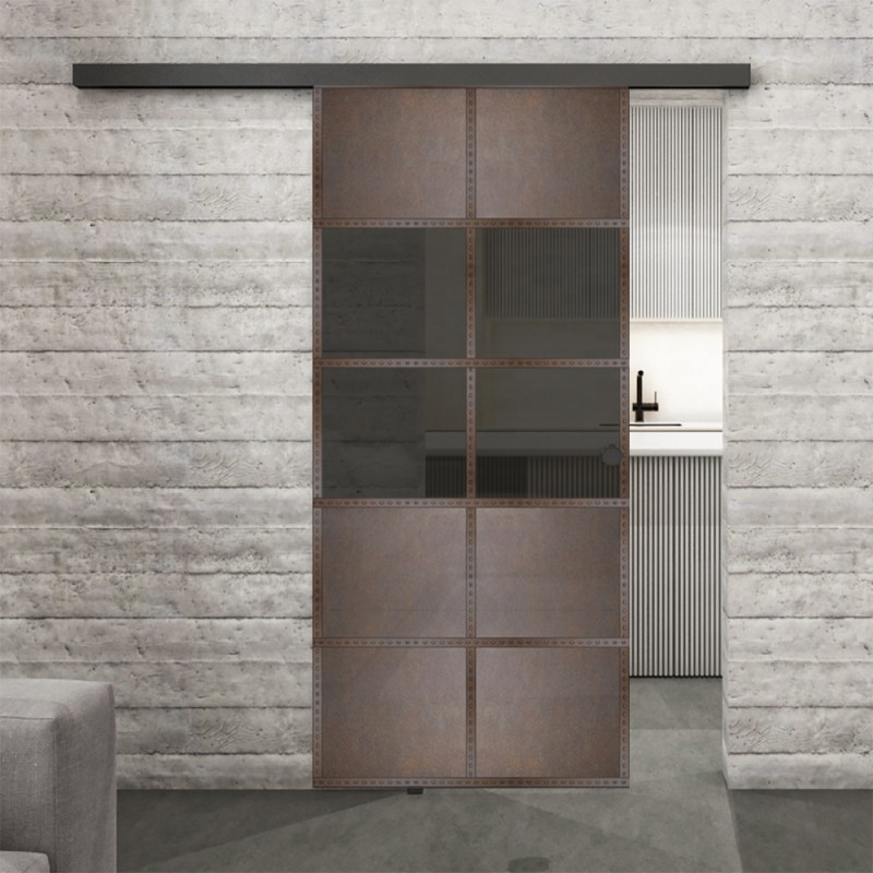 Glasschiebetür BLACK-LINE Loft Rosteisen Genietet 28 Auf Grauglas