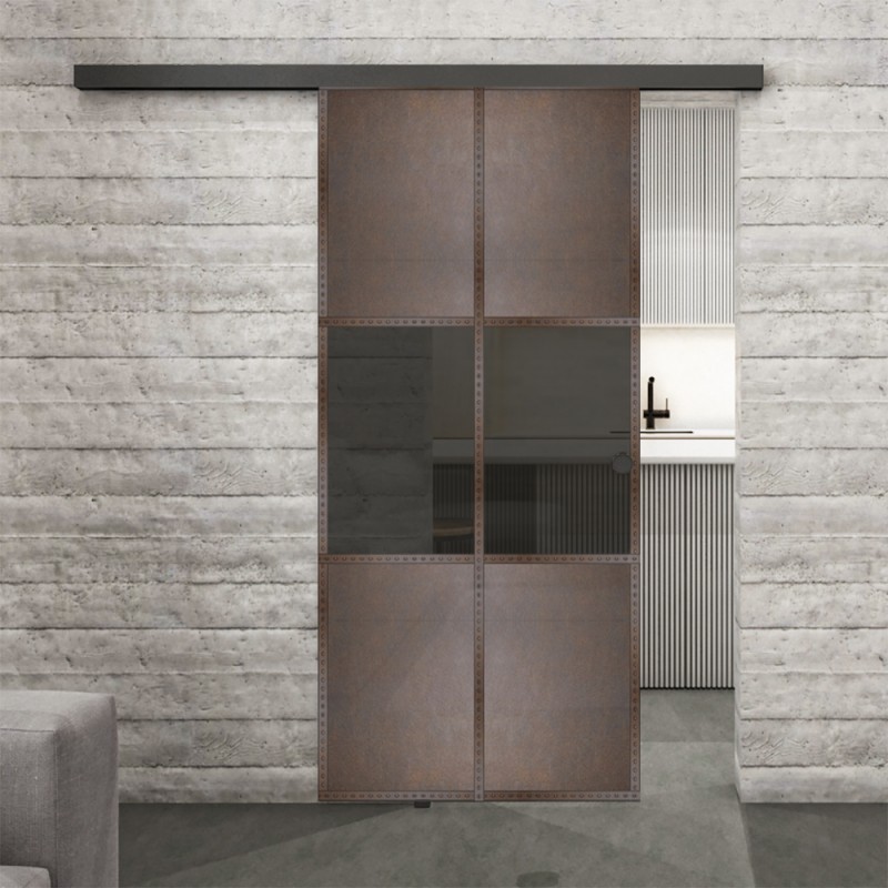 Glasschiebetür BLACK-LINE Loft Rosteisen Genietet 30 Auf Grauglas