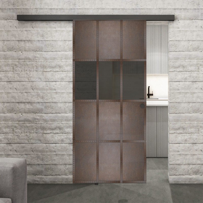 Glasschiebetür BLACK-LINE Loft Rosteisen Genietet 32 Auf Grauglas