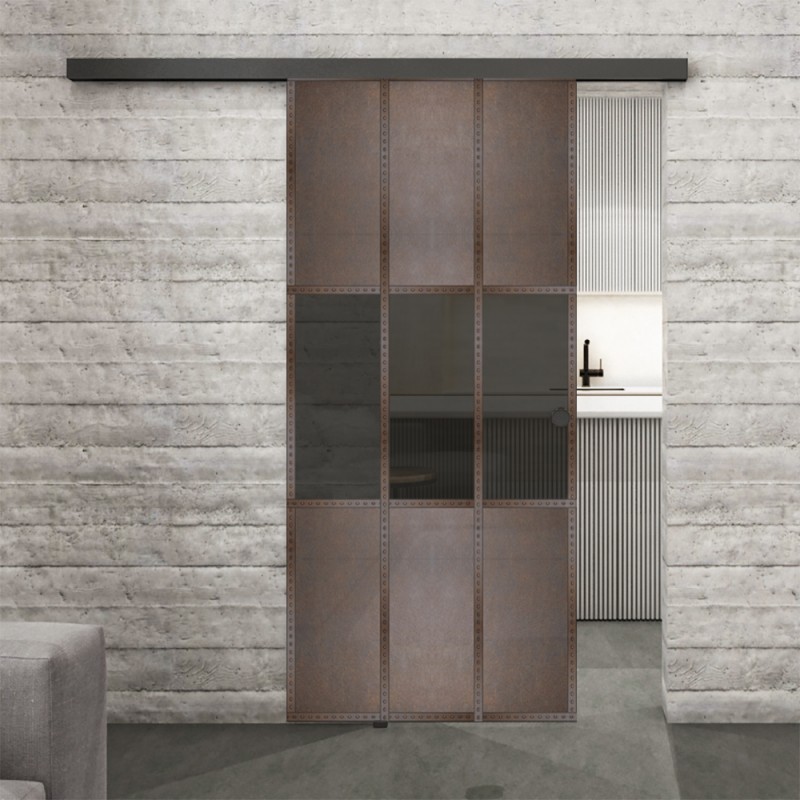 Glasschiebetür BLACK-LINE Loft Rosteisen Genietet 33 Auf Grauglas
