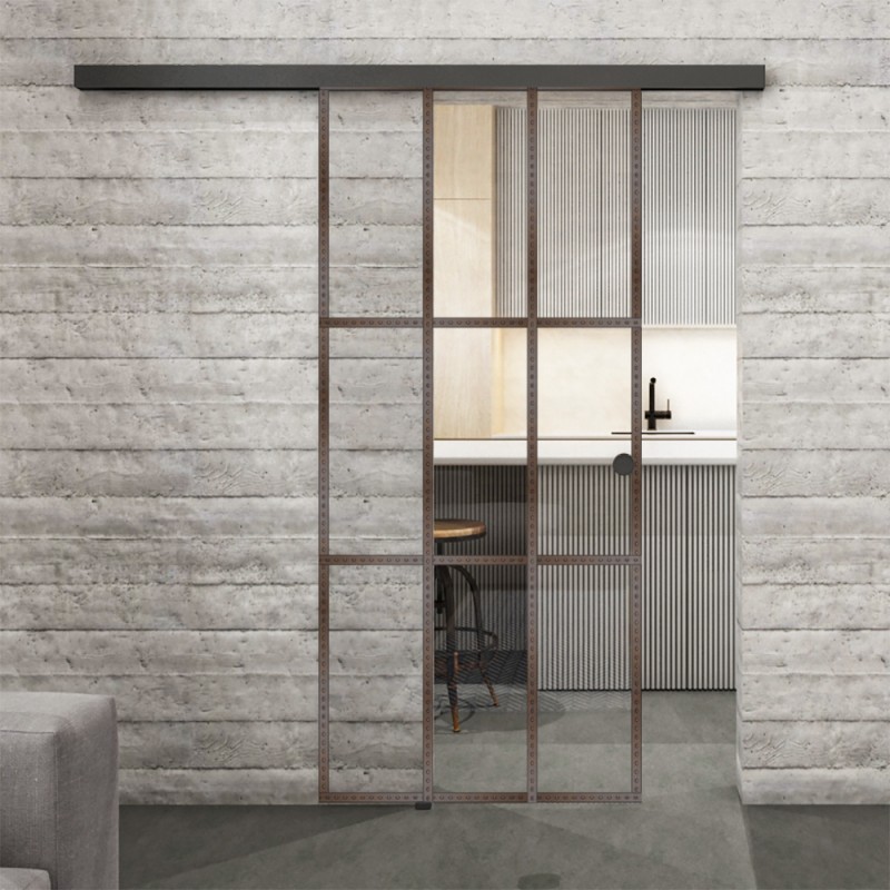 Glasschiebetür BLACK-LINE Loft Rosteisen Genietet 11 Auf Klarglas