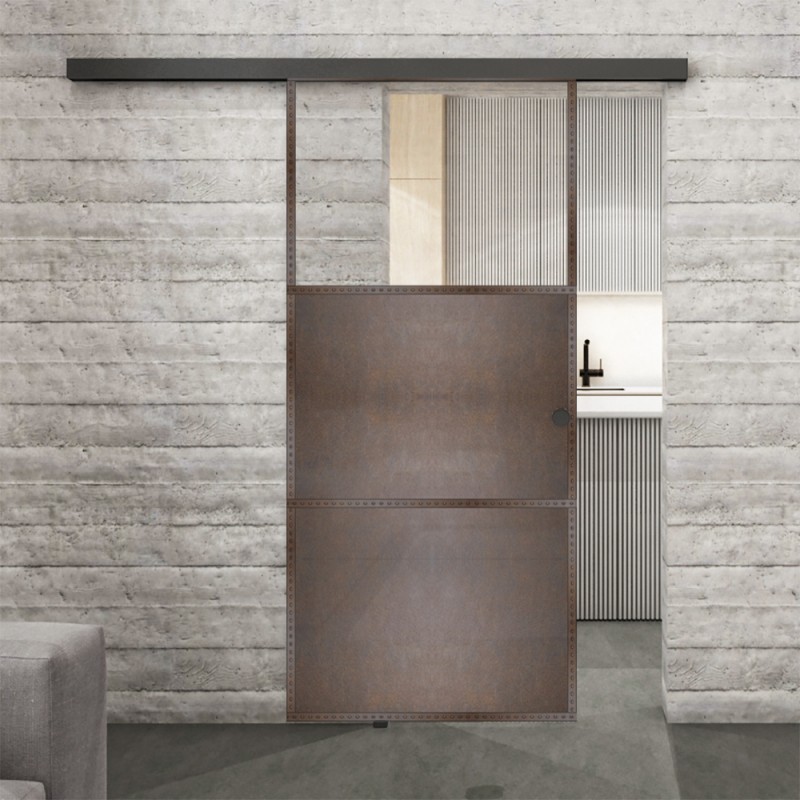 Glasschiebetür BLACK-LINE Loft Rosteisen Genietet 15 Auf Klarglas