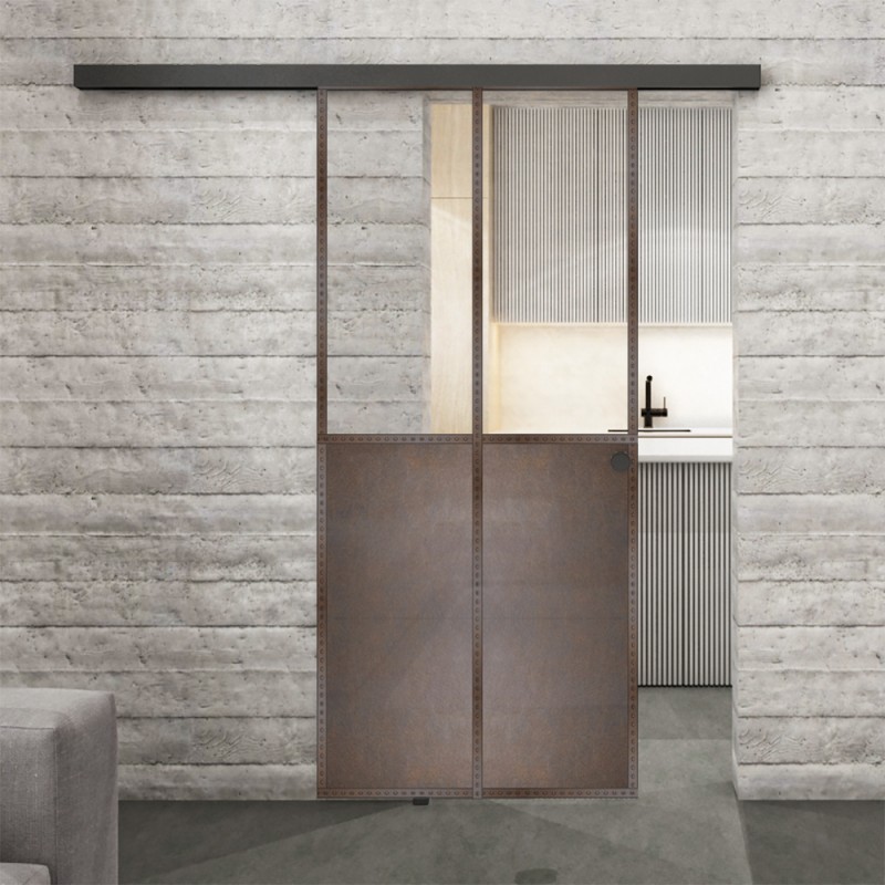 Glasschiebetür BLACK-LINE Loft Rosteisen Genietet 20 Auf Klarglas