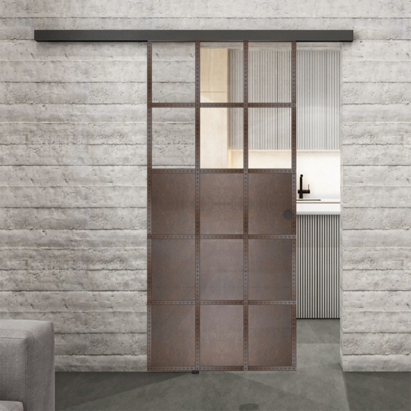 Glasschiebetür BLACK-LINE Loft Rosteisen Genietet 21 Auf Klarglas