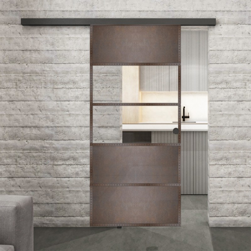 Glasschiebetür BLACK-LINE Loft Rosteisen Genietet 25 Auf Klarglas
