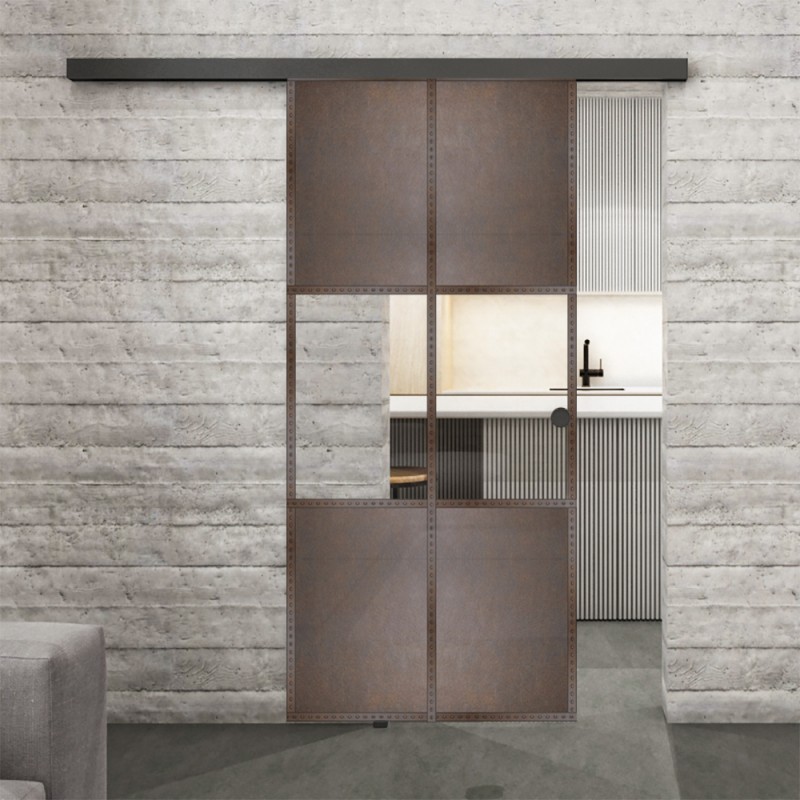 Glasschiebetür BLACK-LINE Loft Rosteisen Genietet 30 Auf Klarglas