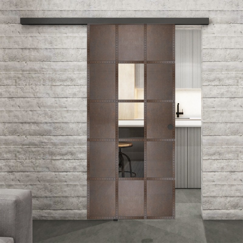Glasschiebetür BLACK-LINE Loft Rosteisen Genietet 34 Auf Klarglas