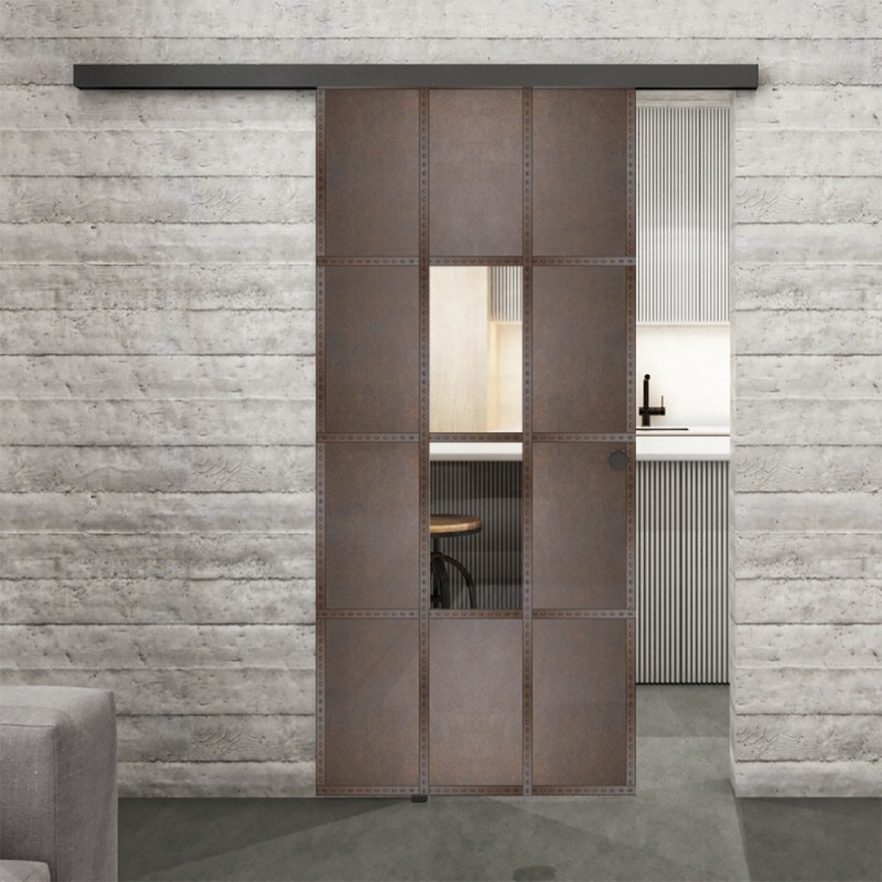 Glasschiebetür BLACK-LINE Loft Rosteisen Genietet 35 Auf Klarglas