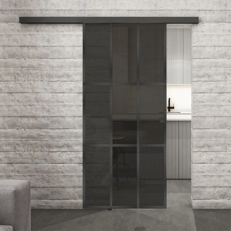 Glasschiebetür BLACK-LINE Loft Schwarzeisen Genietet 11 Auf Grauglas Glasschiebetür BLACK-LINE Loft Schwarzeisen Genietet 11 Auf Grauglas