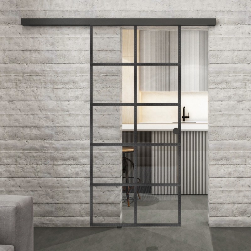 Glasschiebetür BLACK-LINE Loft Schwarzeisen Genietet 05 Auf Klarglas