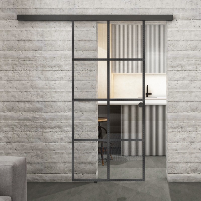 Glasschiebetür BLACK-LINE Loft Schwarzeisen Genietet 06 Auf Klarglas