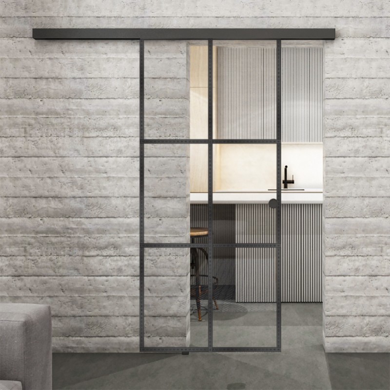 Glasschiebetür BLACK-LINE Loft Schwarzeisen Genietet 07 Auf Klarglas