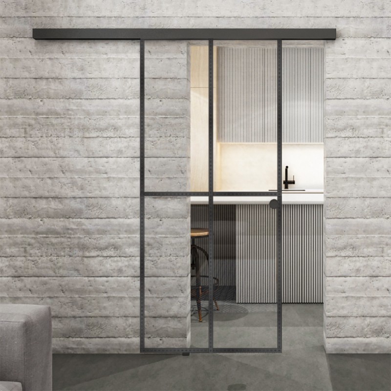 Glasschiebetür BLACK-LINE Loft Schwarzeisen Genietet 08 Auf Klarglas