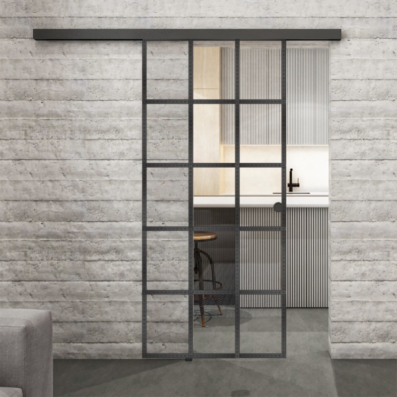 Glasschiebetür BLACK-LINE Loft Schwarzeisen Genietet 09 Auf Klarglas