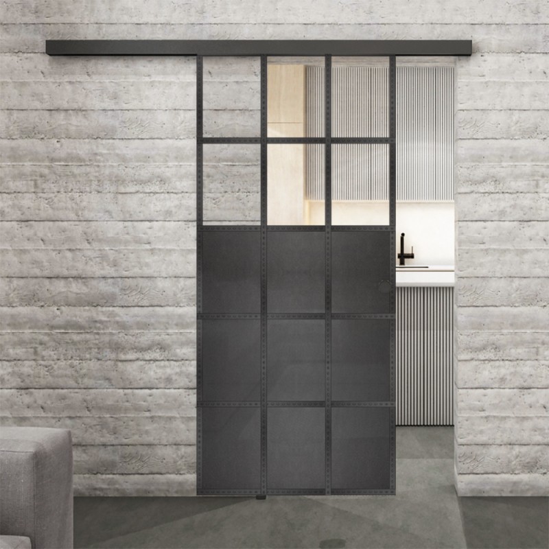 Glasschiebetür BLACK-LINE Loft Schwarzeisen Genietet 21 Auf Klarglas