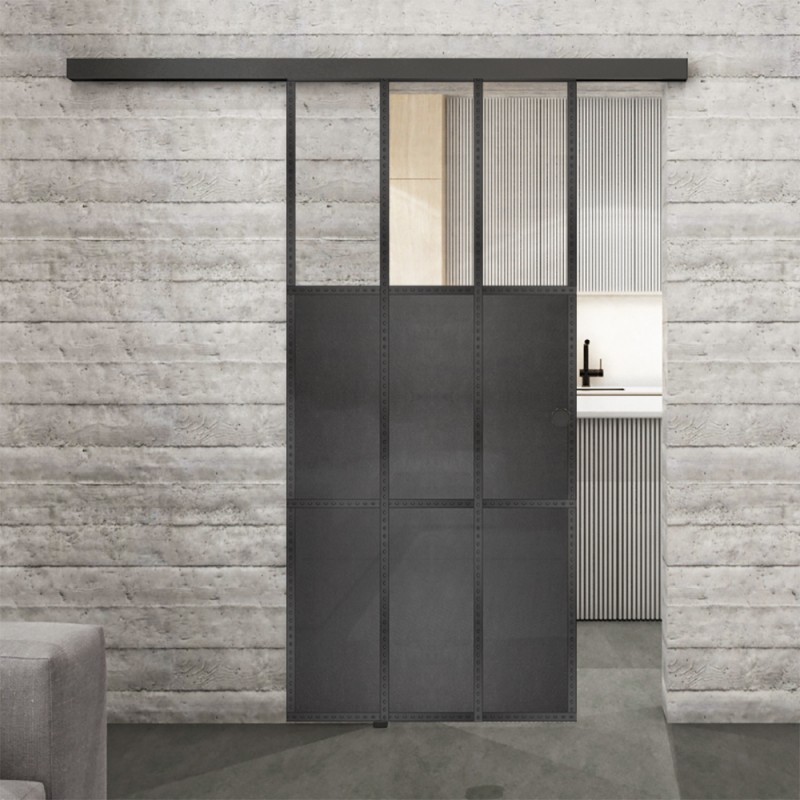 Glasschiebetür BLACK-LINE Loft Schwarzeisen Genietet 23 Auf Klarglas