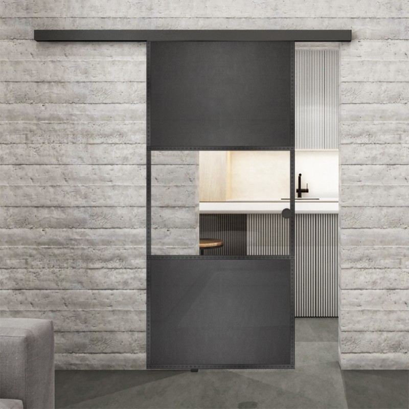 Glasschiebetür BLACK-LINE Loft Schwarzeisen Genietet 27 Auf Klarglas