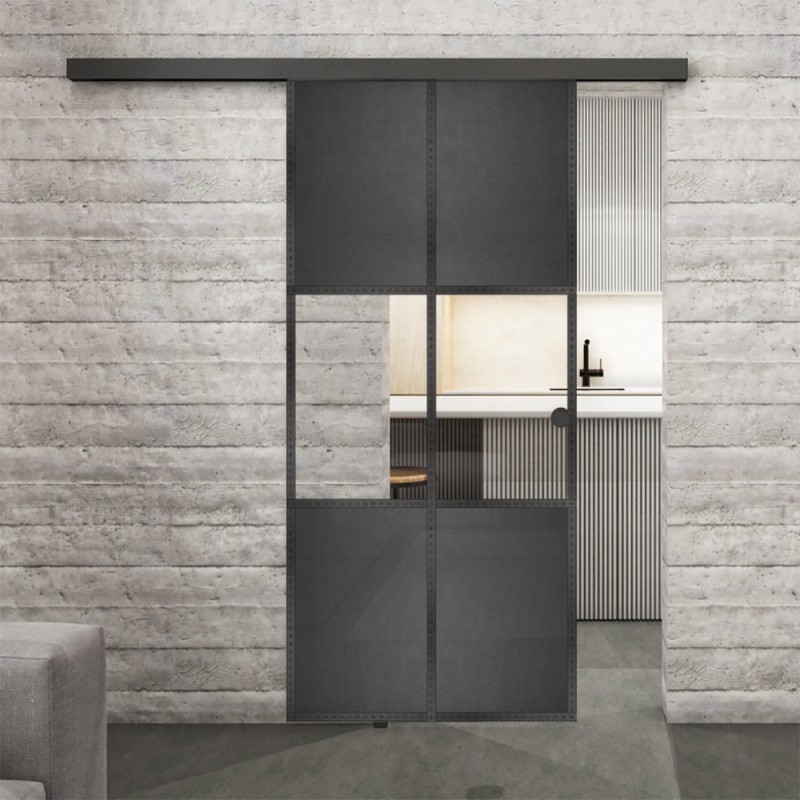 Glasschiebetür BLACK-LINE Loft Schwarzeisen Genietet 30 Auf Klarglas