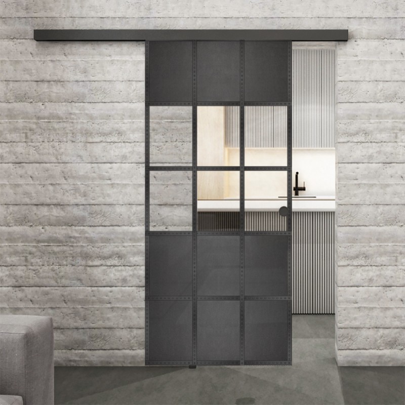 Glasschiebetür BLACK-LINE Loft Schwarzeisen Genietet 31 Auf Klarglas