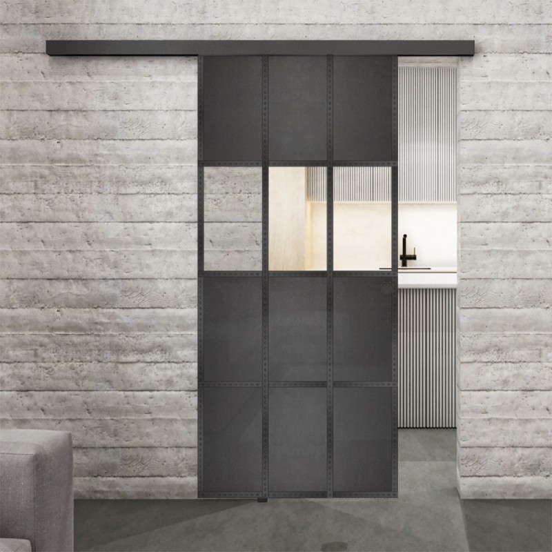 Glasschiebetür BLACK-LINE Loft Schwarzeisen Genietet 32 Auf Klarglas