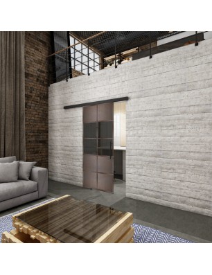 Glasschiebetür BLACK-LINE Loft Rosteisen Genietet 28 Auf Grauglas